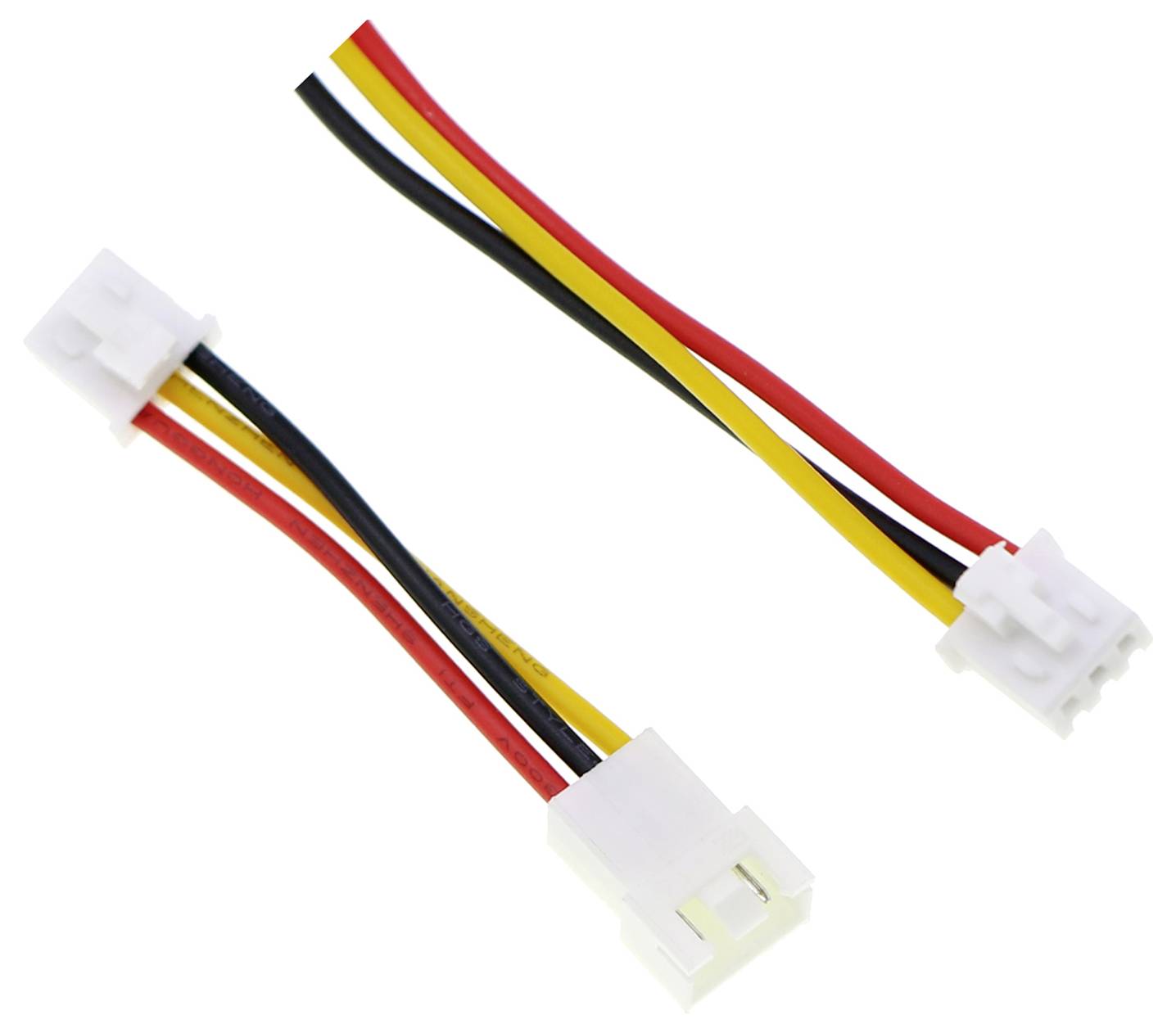 Jsou zobrazeny dva bílé elektrické konektory, každý se třemi kabely v barvách červená, černá a žlutá.