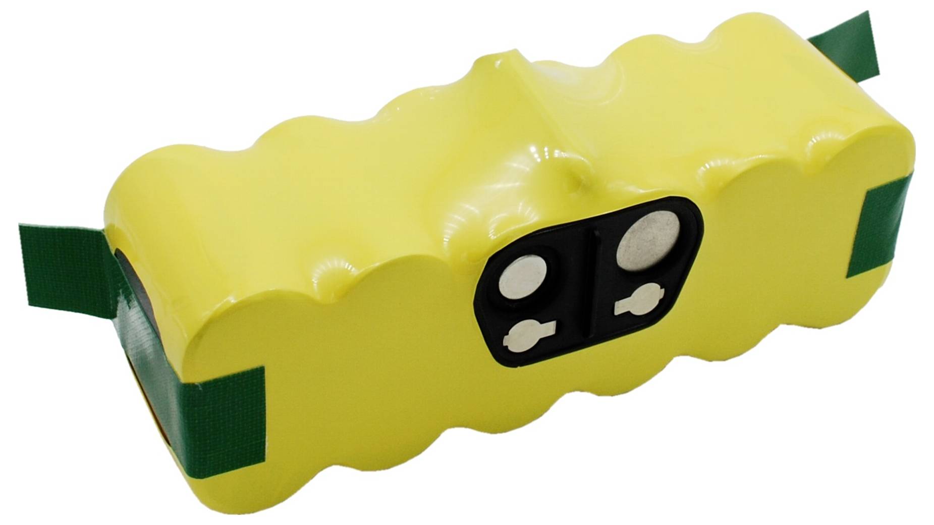 Žlutý akumulátorový pack v podlouhlém tvaru se zelenými lepicími pásky na koncích, dvěma černými kontakty a dvěma bílými připojovacími body.