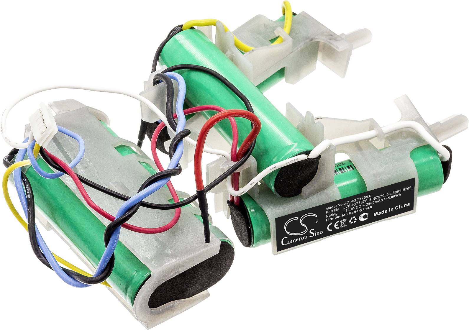 Dvě zelené, válcové baterie s kabely, konektory a černým štítkem. Baterie jsou vzájemně propojené.