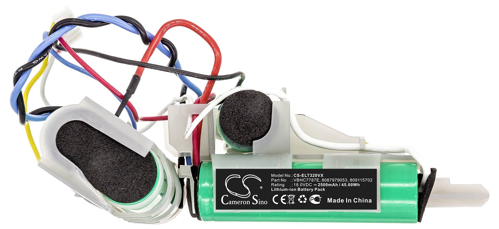 Válcovitá elektronická součástka s dráty, štítek na straně zobrazuje informace o modelu a původu.
