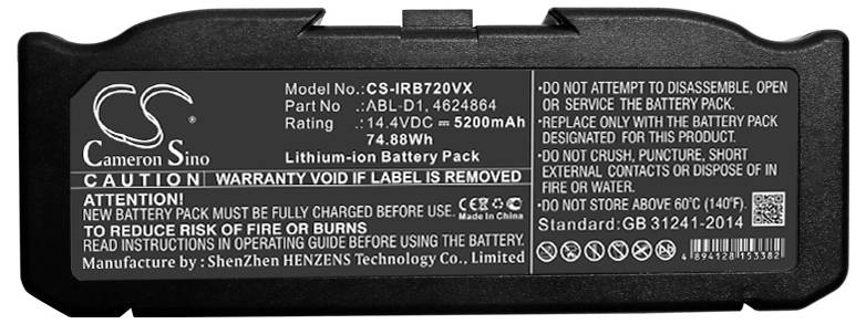Černá lithium-iontová baterie s typovým označením CS-IBR720VX, kapacita 5200mAh, bezpečnostní upozornění a informace o výrobci.