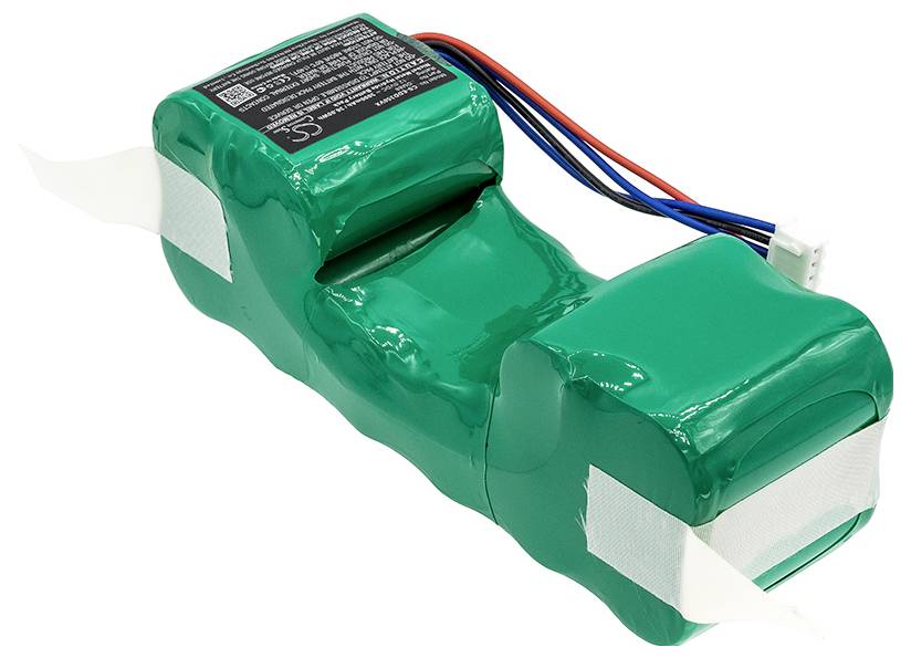 Zelený akumulátorový pack s několika články, propojený červenými a modrými dráty, a s černým štítkem s technickými údaji.