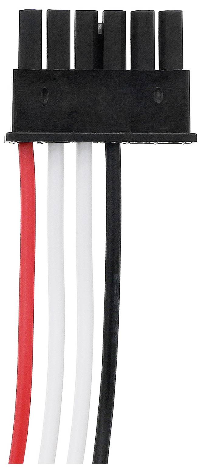 Černočervený a bílý kabelový konektor s 5 piny, používaný pro elektrická spojení v technických zařízeních.