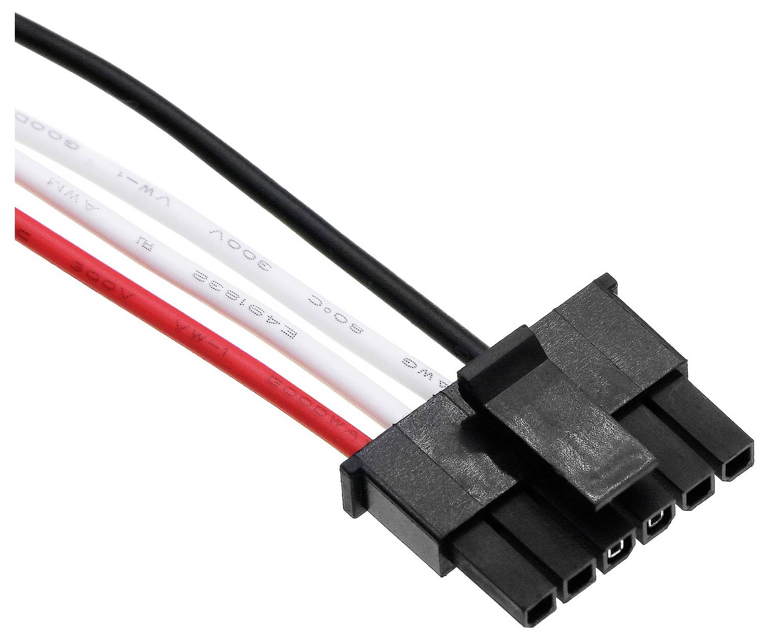 Černý šestipólový konektor s pěti kabely v černé, červené, bílé a šedé barvě, vhodný pro elektronická spojení.