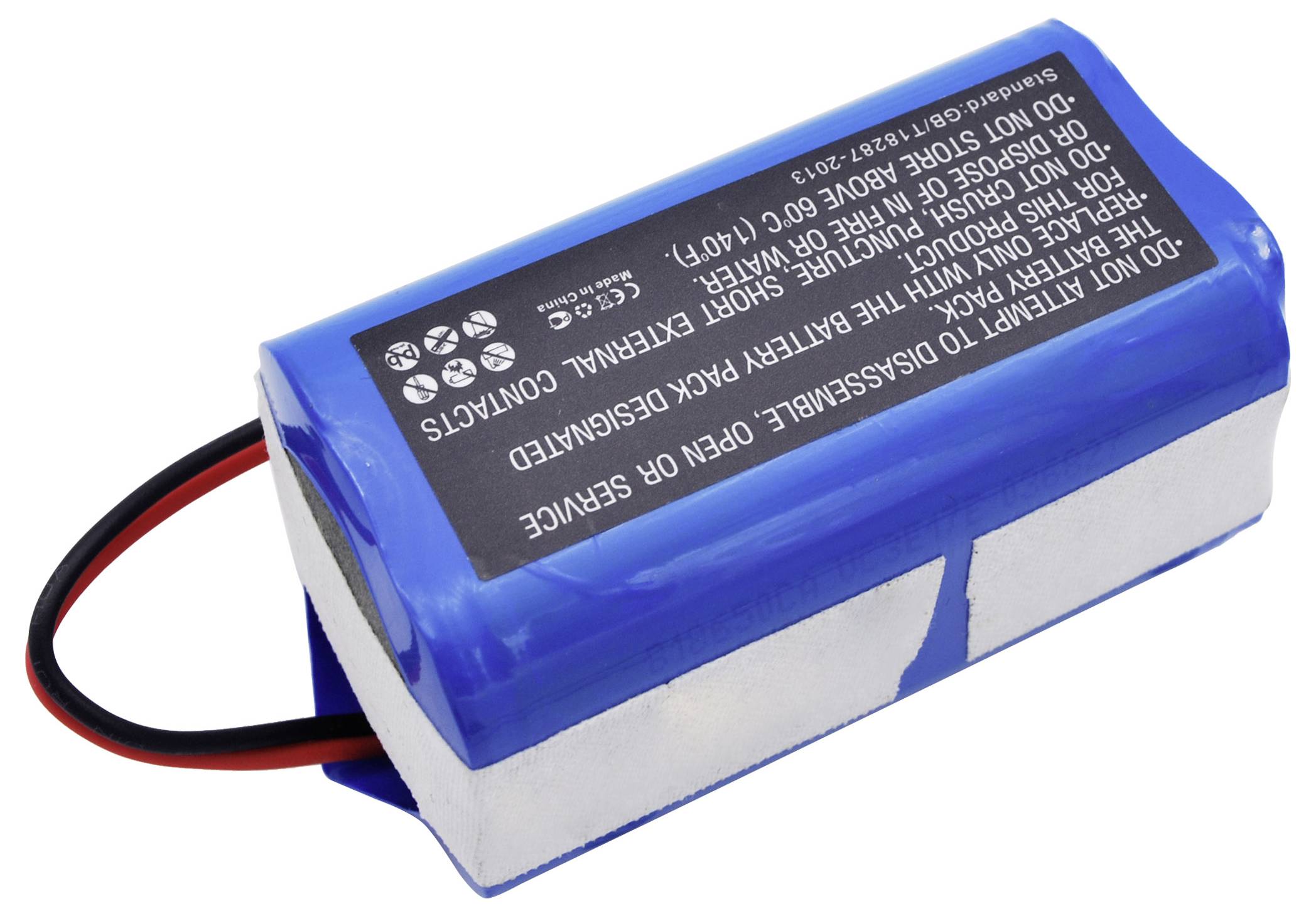 Modrá lithium-iontová baterie s černým štítkem a bílými výstražnými pokyny, viditelné jsou červený a černý kabel.