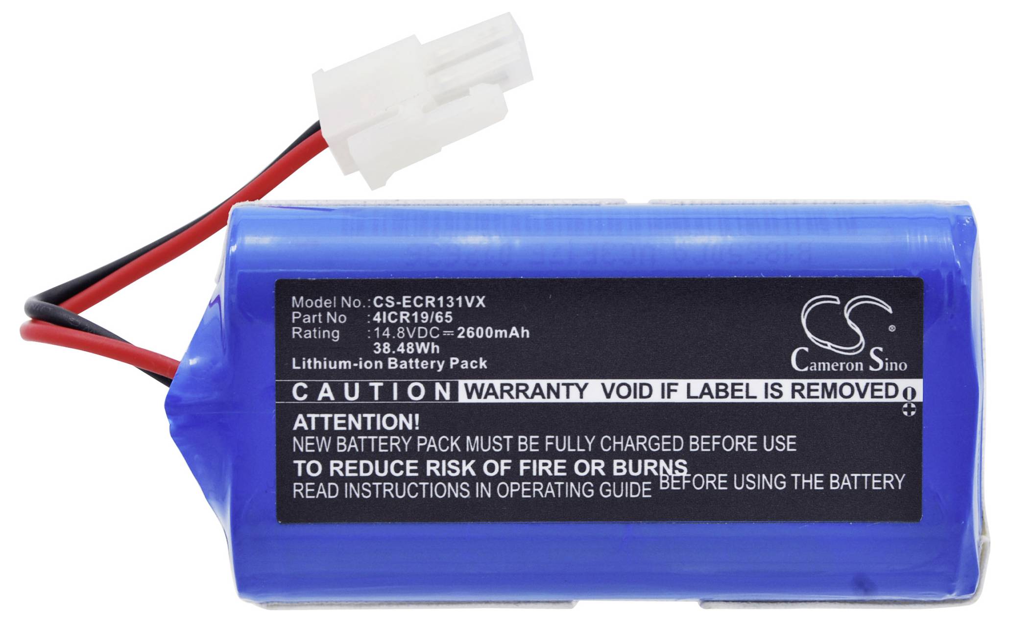 Modrý lithium-iontový akumulátor s nápisem 'Warranty void if label is removed'. Kapacita 2600mAh, napětí 14,8V, 38,48Wh.