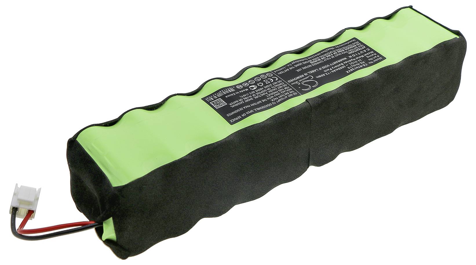 Zelený akumulátorový pack s černým krytem a kabelovým připojením. Štítek se specifikacemi je viditelný.