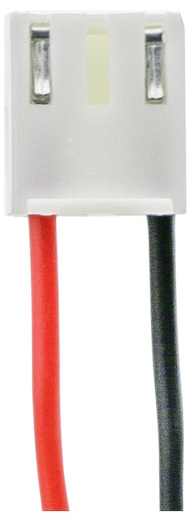 Bílý plastový konektor s červeným a černým drátem, vhodný pro elektronická spojení.