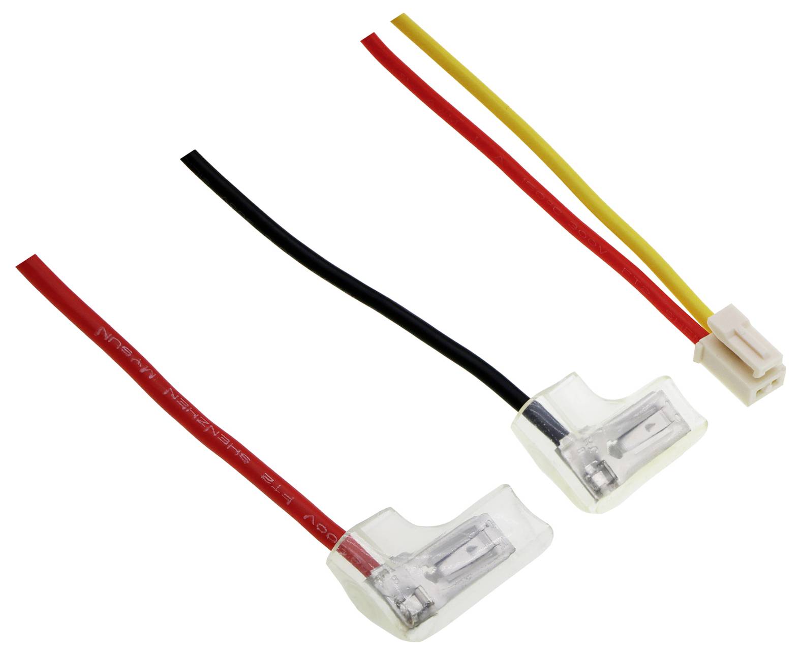 Dva elektrické kabely s plastovými pouzdry a různými barvami: červená, černá, žlutá. Používají se k propojení elektrických součástek.