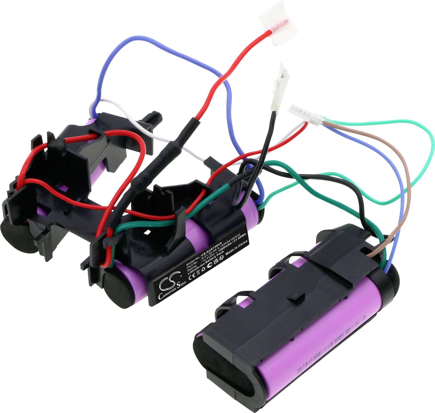 Akumulátorový pack s fialovými bateriemi, propojený barevnými dráty, ukazuje elektrotechnickou komponentu bez zřejmého označení.