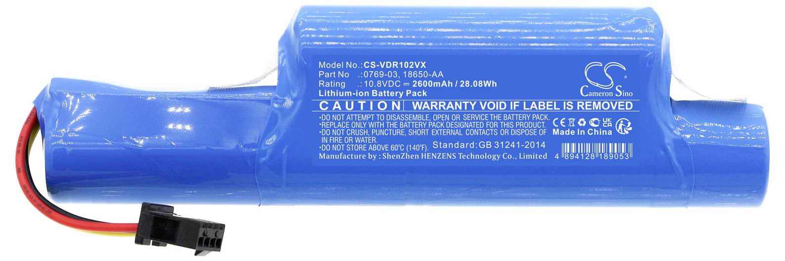 Modrá lithium-iontová baterie se žlutým a černým kabelem, nápis 'Caution Warranty Void If Label Is Removed'.