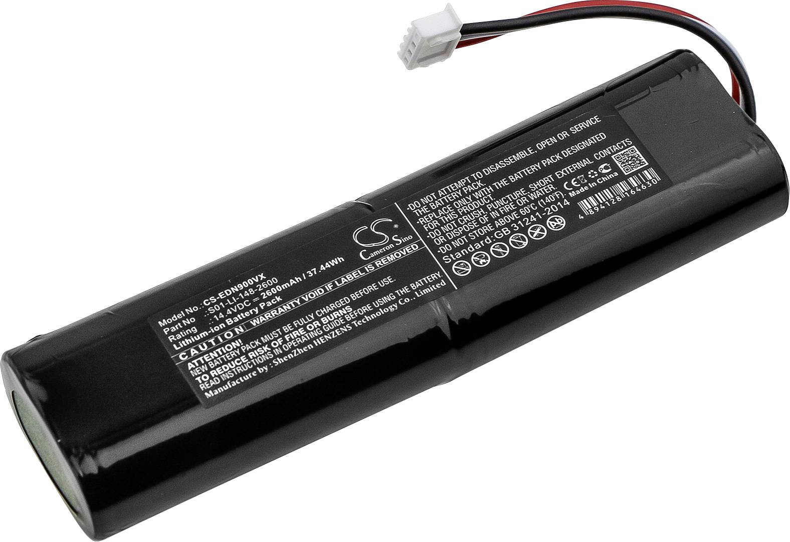 Černá válcová baterie s etiketou a výstražnými pokyny. Nahoře bílý konektor s kabelem. Používá se hlavně pro technická zařízení.