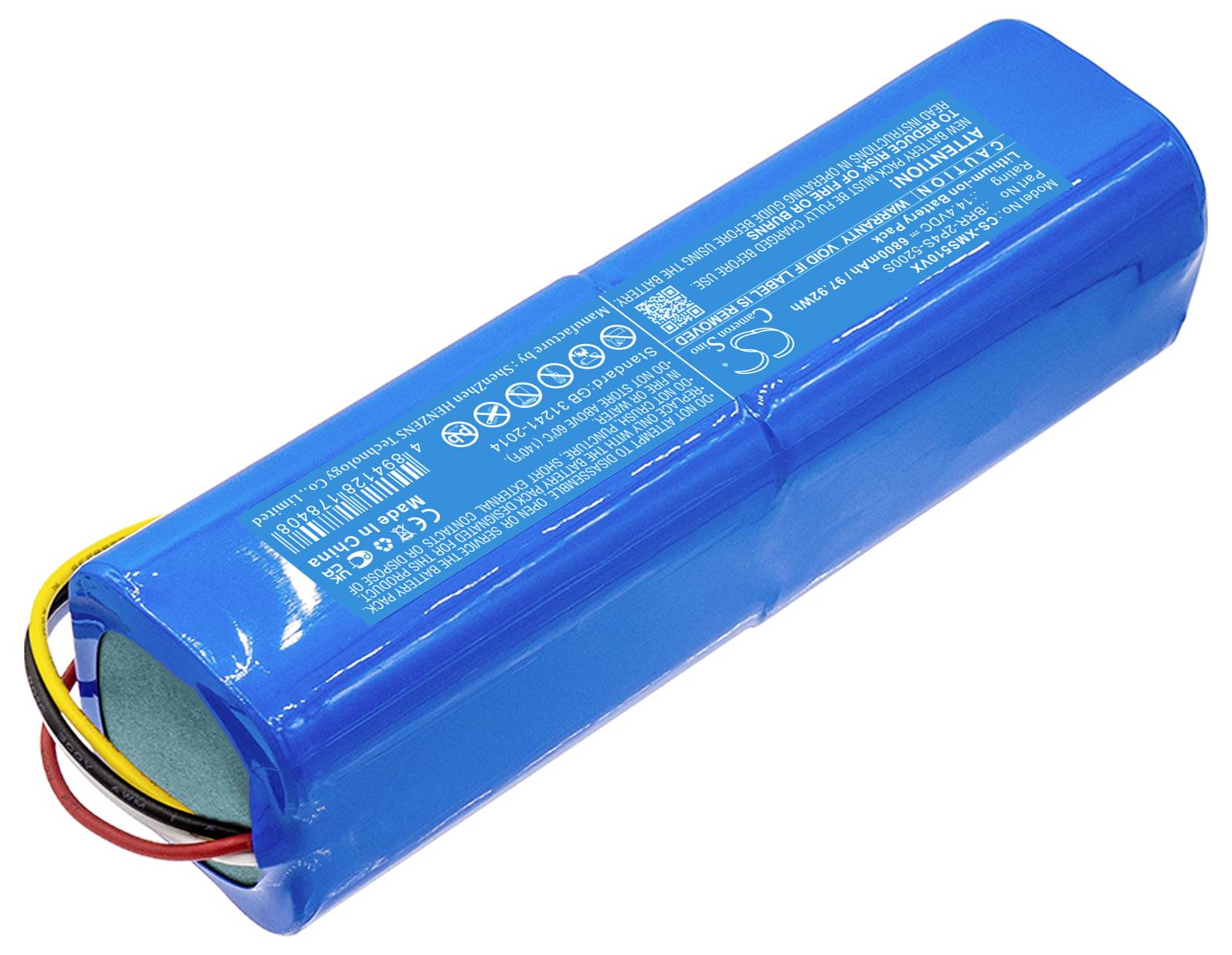 Modrá lithium-iontová baterie s označenými technickými specifikacemi a několika připojenými kabely.