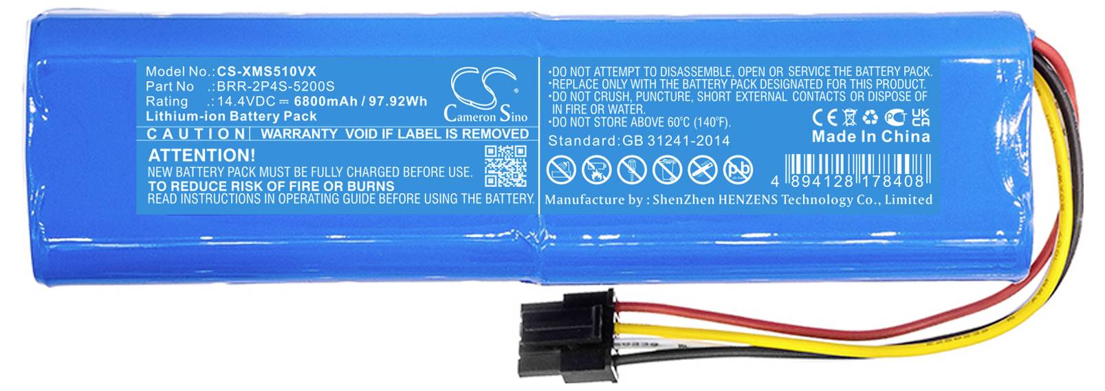 Modrá lithium-iontová baterie s kapacitou 8000mAh. Nálepky s bezpečnostními pokyny, čísly modelů a kabelovými přípojkami.