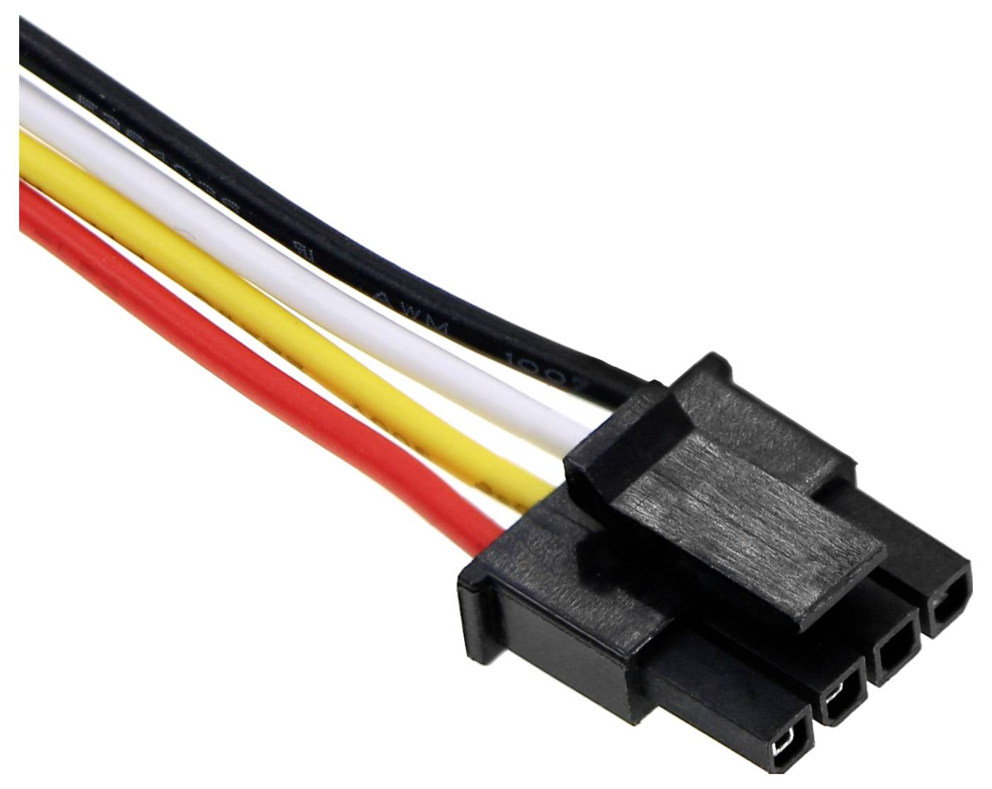 Čtyřpólová napájecí zástrčka s barevnými kabely—černým, bílým, žlutým a červeným—pro připojení k počítačovému hardware.