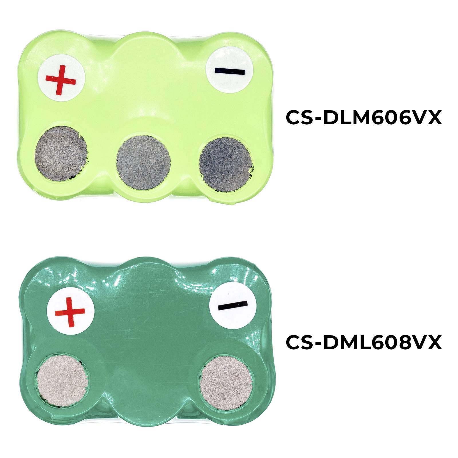 Vrchní strana dvou zelených pouzdер baterií se znaménky plus a minus. Čísla modelů: 'CS-DLM606VX' a 'CS-DML608VX'.