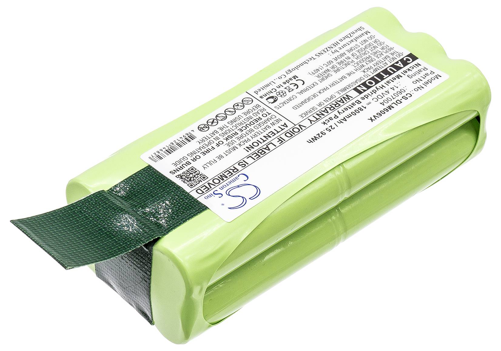 Zelená lithium-iontová baterie s černým páskem a bílým štítkem zobrazujícím technické specifikace a bezpečnostní upozornění.