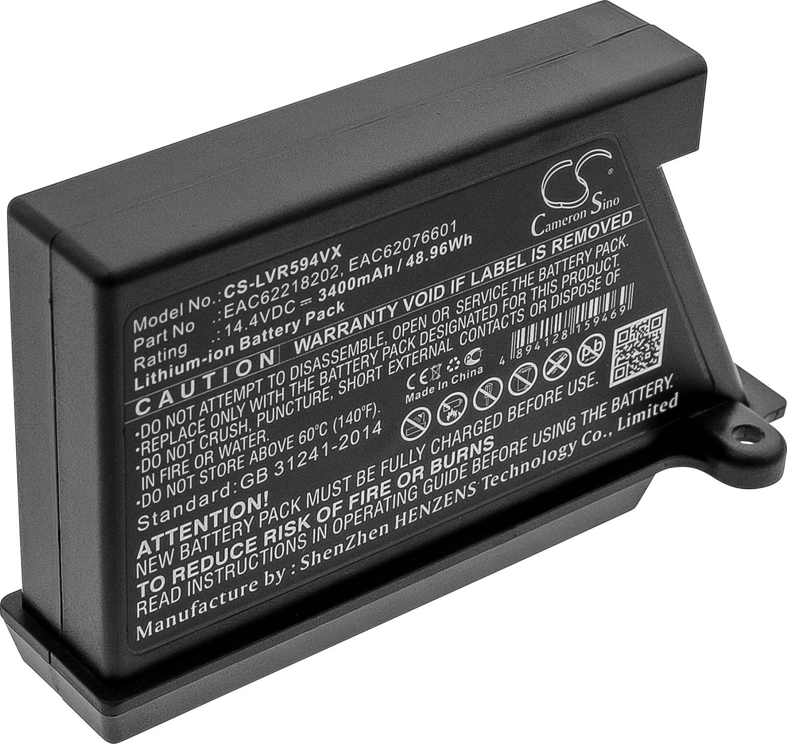 Černá baterie s typovým označením CS-LVR594VX, jmenovitá kapacita 3400mAh a napětí 14,8V. Obsahuje výstražná upozornění a informace o společnosti.