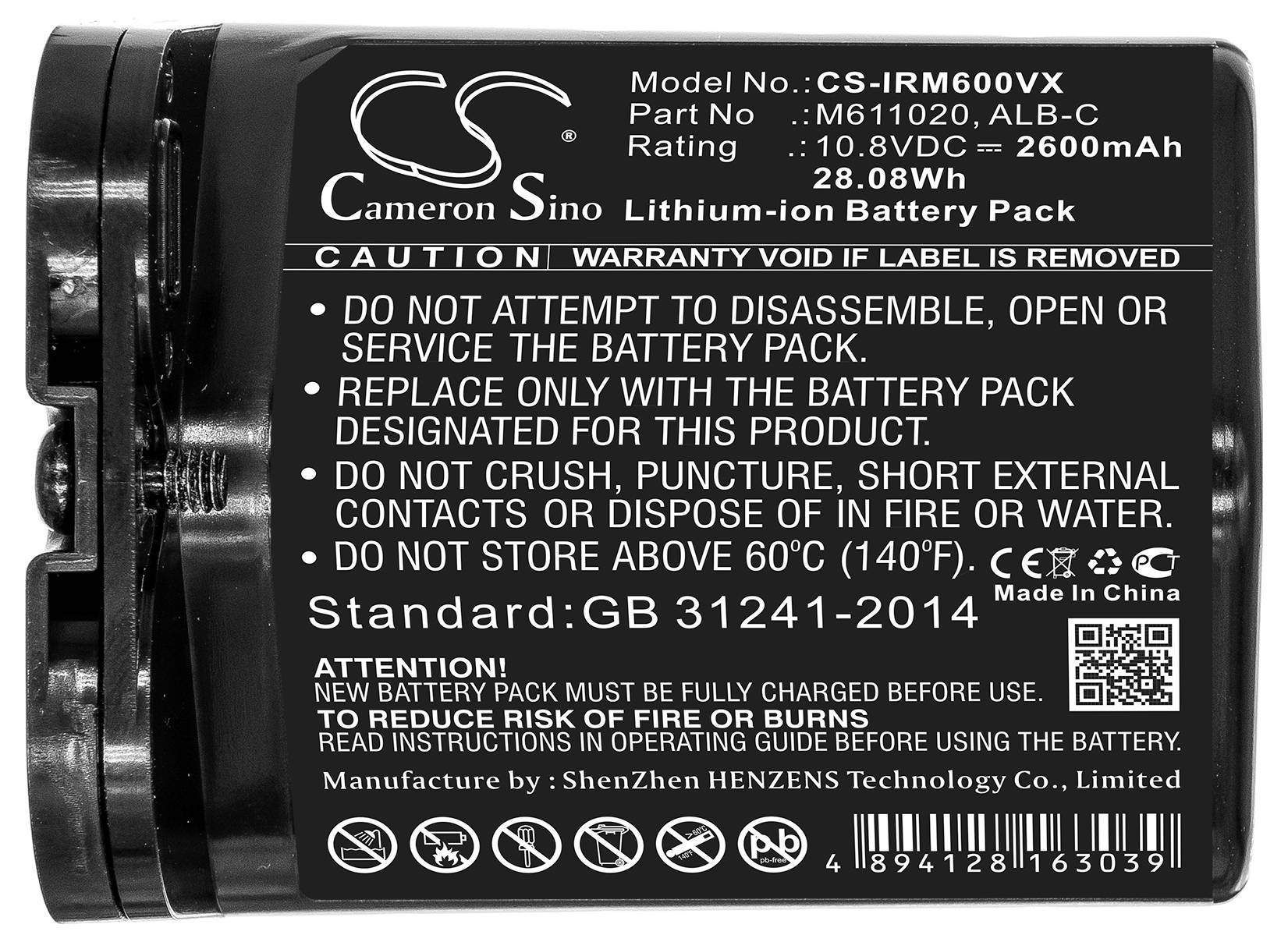 Černá lithium-iontová baterie s bílým textem. Model: CS-IRM600VX. Kapacita: 2600mAh, napětí: 10,8V. Uvedena upozornění a standardy.