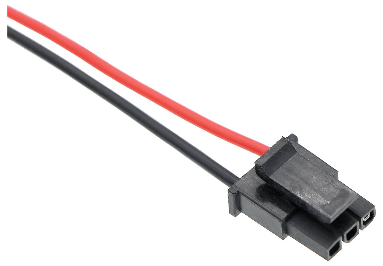 Černý plastový konektor se dvěma kabely, červeným a černým, které vycházejí ze stran. Vhodný pro elektronická spojení.