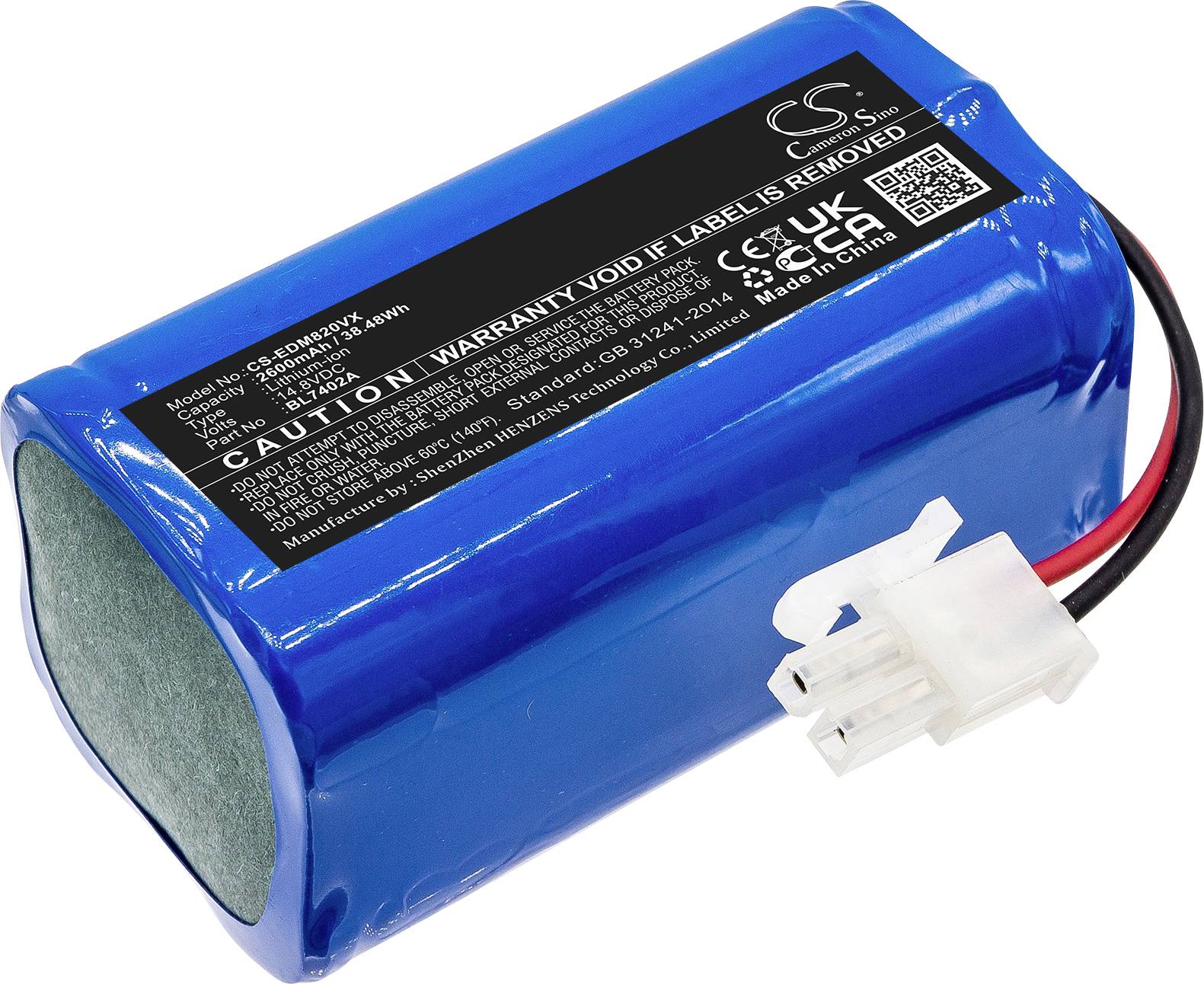Modrý lithium-iontový akumulátor s bílým konektorem a černým kabelem, obklopený výstražnými pokyny a technickými údaji na štítku.