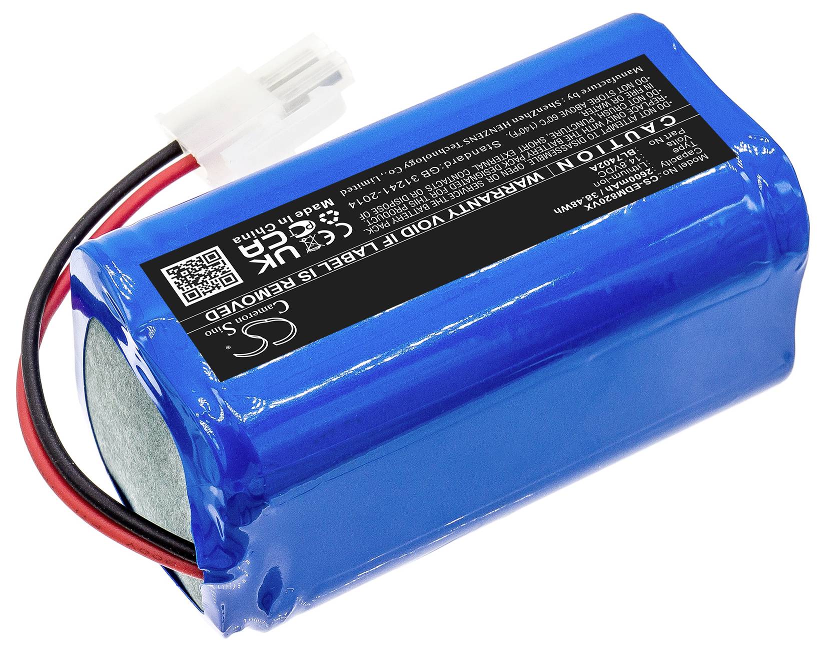 Modrá lithium-iontová baterie s kabely a konektorem. Na štítku jsou uvedeny technické informace a bezpečnostní upozornění.