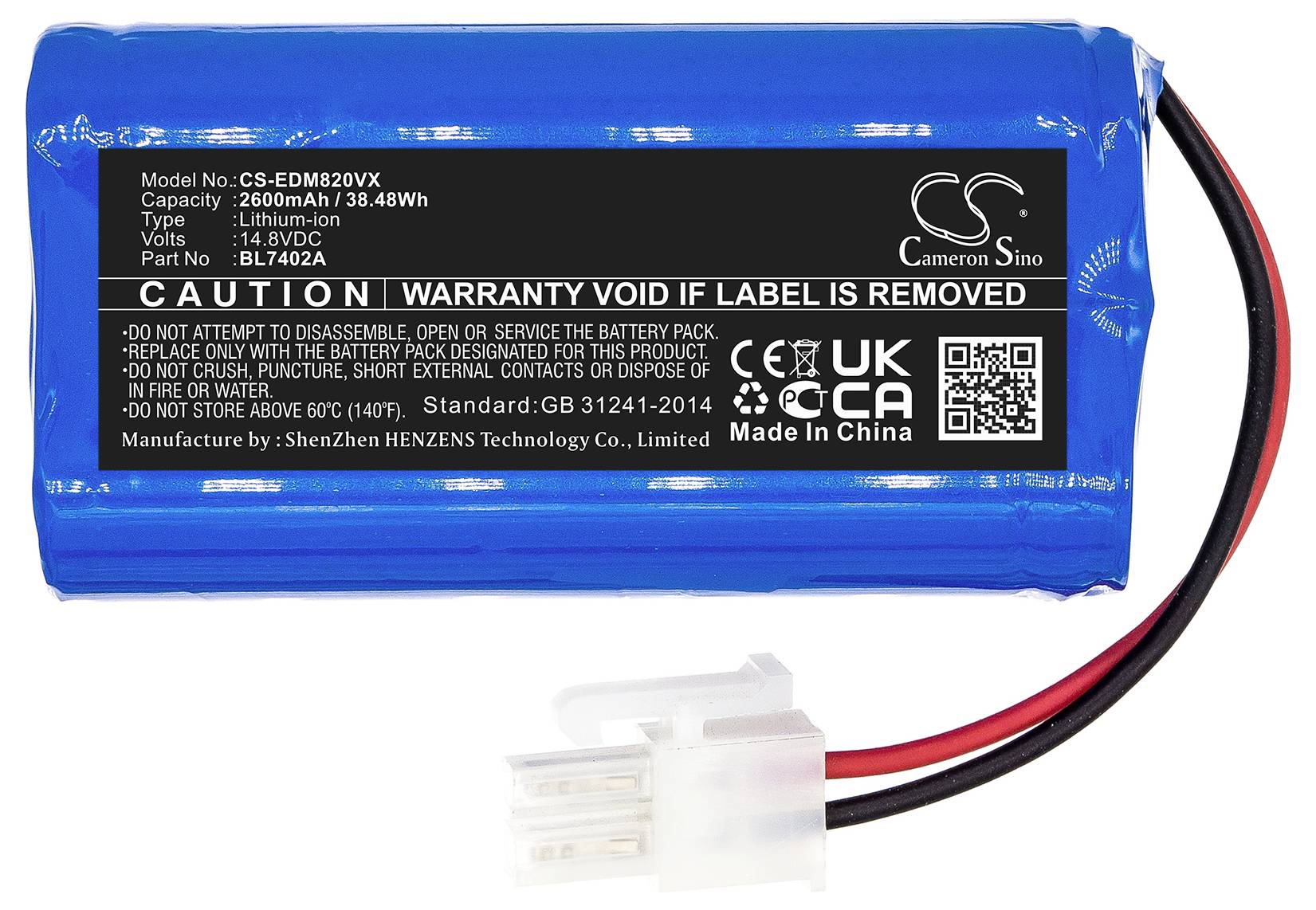 Modrá lithium-iontová baterie s černým štítkem: údaje o kapacitě (2600mAh, 38,48Wh) a napětí (14,8VDC). Kabel s konektorem.