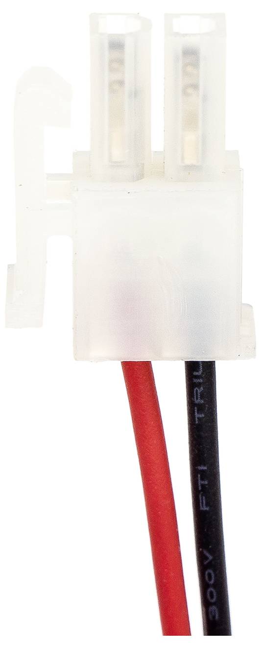 Dvoupólový bílý elektrický konektor s červenými a černými kabely.