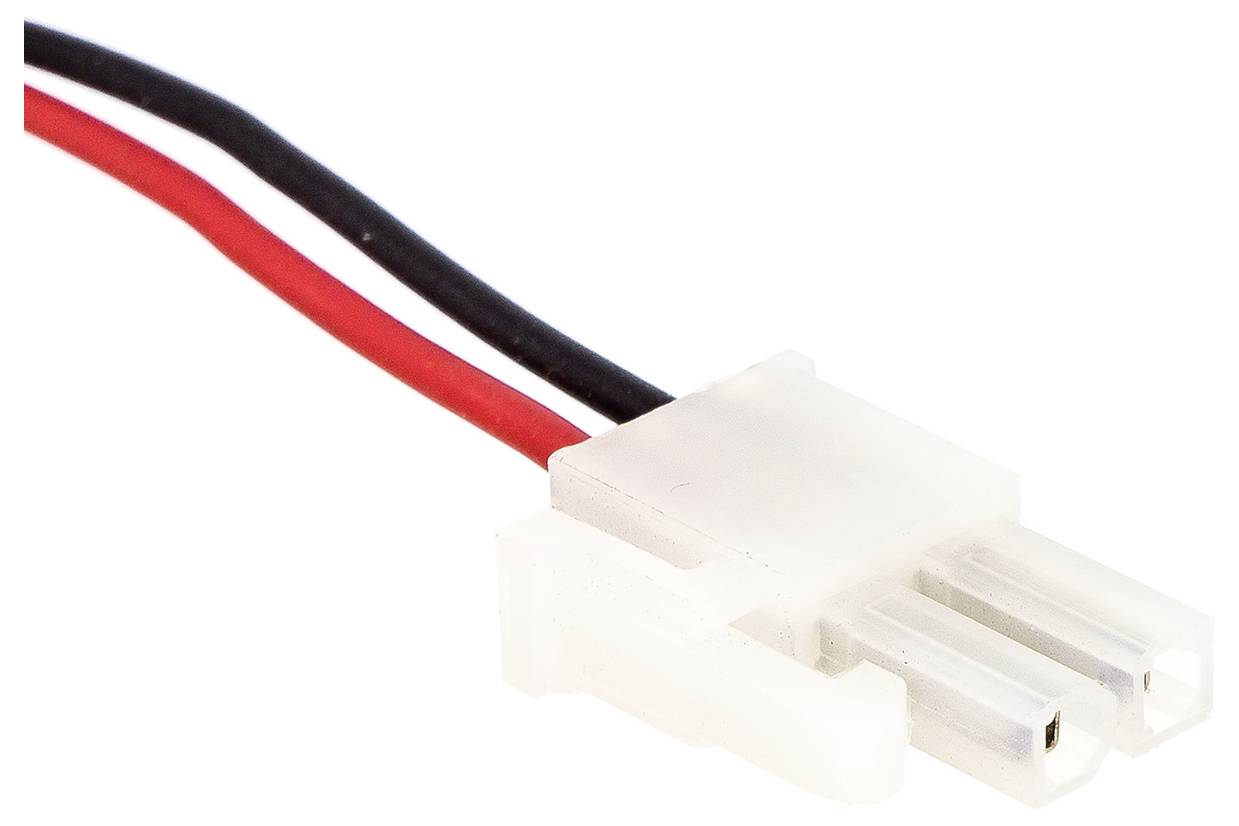 Dvoupólová bílá zástrčka s červenými a černými kabely, typická pro elektronická spojení v domácích spotřebičích.