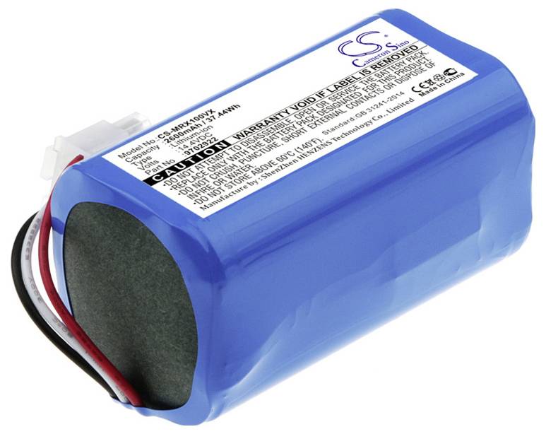 Modrá lithium-iontová baterie s bílým štítkem zobrazuje specifikace a výstražná upozornění. Jsou viditelné červený a černý kabel.