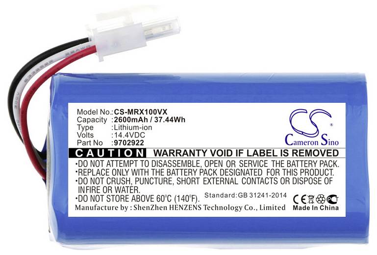 Modrá lithium-iontová baterie s kabely a štítkem. Model: CS-MRX100VX. Kapacita: 2600mAh. Napětí: 14,4V. Výstražná upozornění v angličtině.