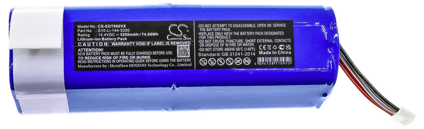 Modrá lithium-iontová baterie s několika drátovými přípojkami. Vytištěná upozornění a specifikace, vyrobeno v Číně.