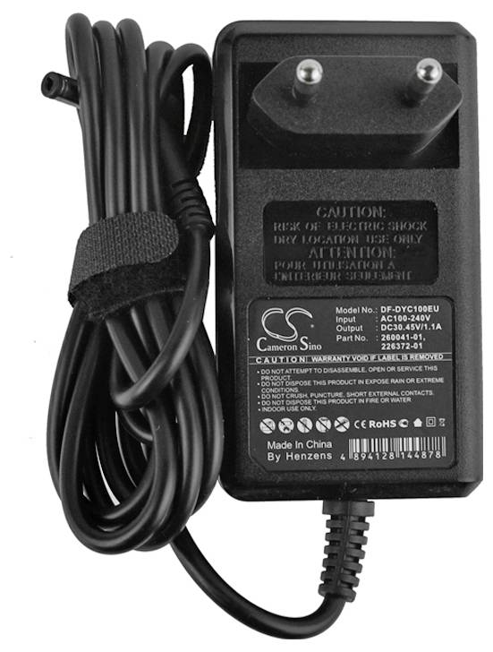 Černý síťový adaptér s kabelem a EU zástrčkou. Štítek uvádí číslo modelu DF-07C1000EU, vstup 100-240V, výstup 5,0V/1,0A.