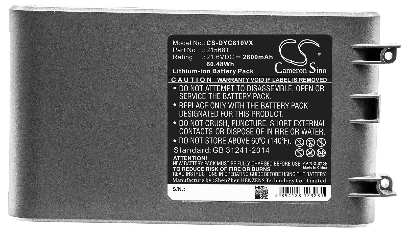 'Lithium-iontová baterie', číslo modelu a technické specifikace. Bezpečnostní upozornění a pokyny pro skladování jsou vytištěny.