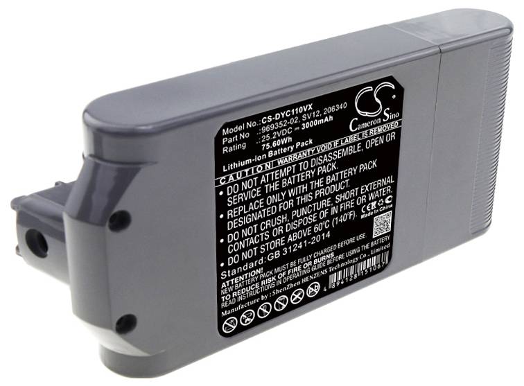 Šedá lithium-iontová baterie s černým štítkem zobrazujícím bezpečnostní pokyny a technické specifikace v anglickém jazyce.