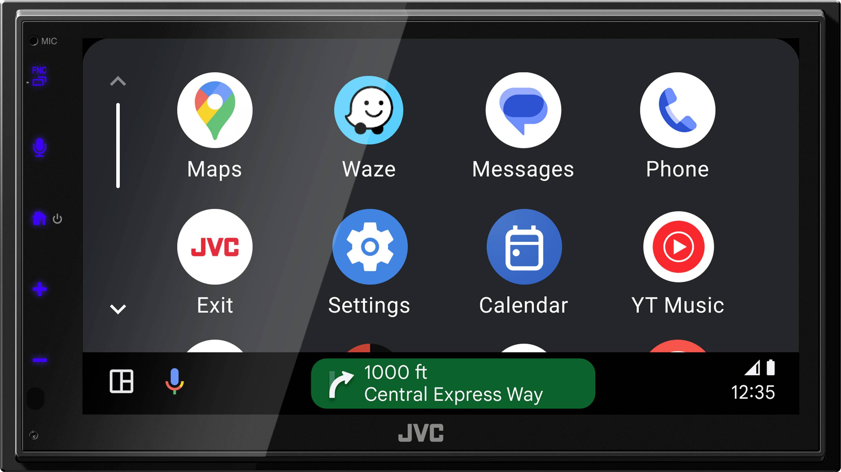 Obraz automobilového displeje s aplikacemi jako 'Mapy', 'Waze', 'Zprávy' a 'Telefon'. Navigační lišta zobrazuje '1000 stop Central Express Way'.