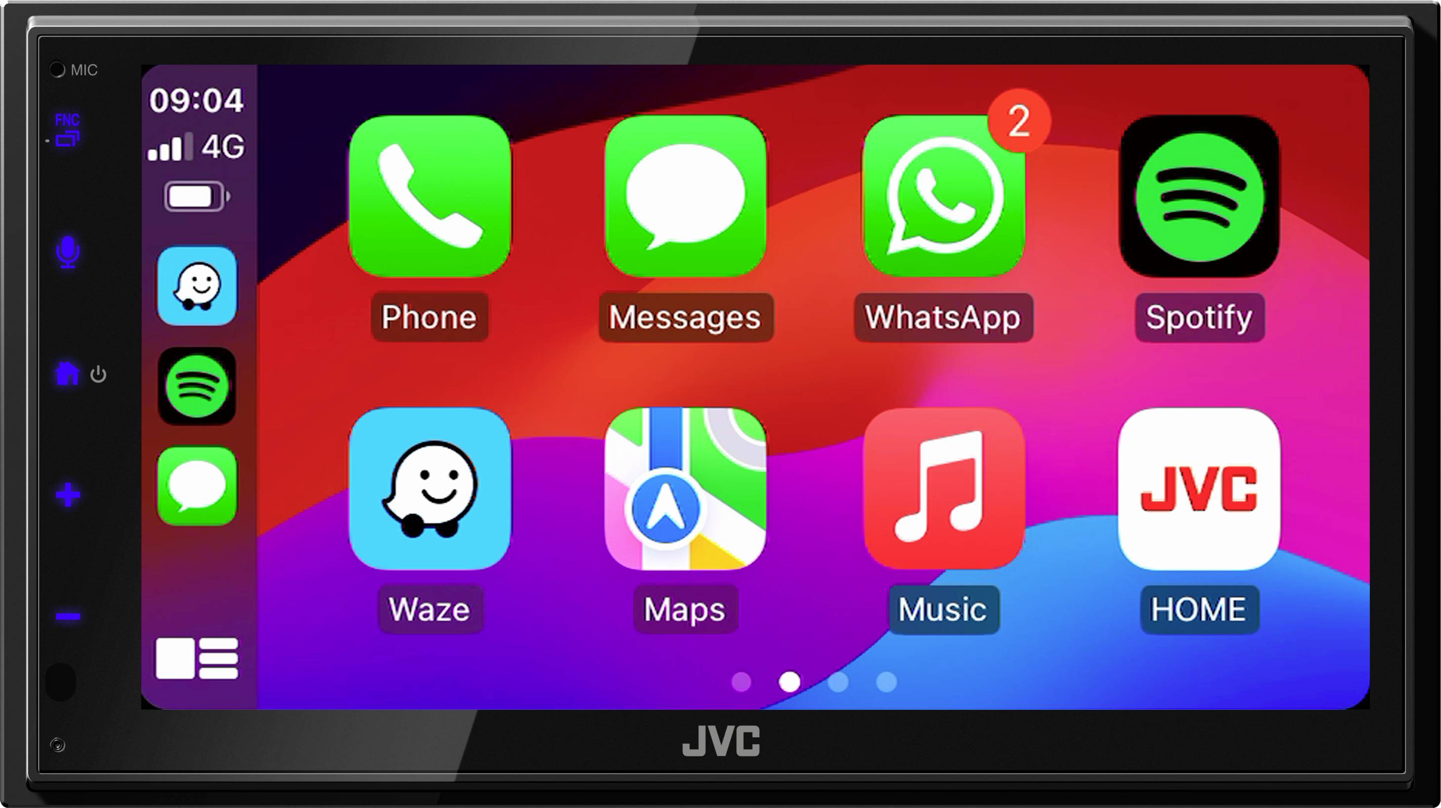 Dotykový displej autrádia s ikonami aplikací: Telefon, Zprávy, WhatsApp (se 2 zprávami), Spotify, Waze, Mapy, Hudba, JVC Home. Čas 09:04, signál 4G v levém horním rohu.
