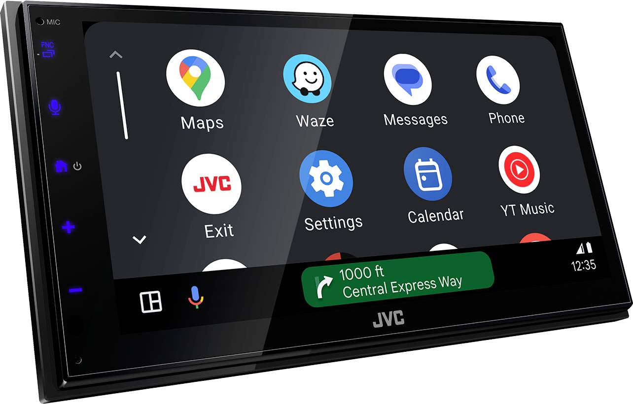 Navigační systém od JVC zobrazuje aplikace chytrého telefonu na displeji, včetně map, zpráv a hudebních aplikací. Navigace ukazuje '1000 stop Central Express Way'.