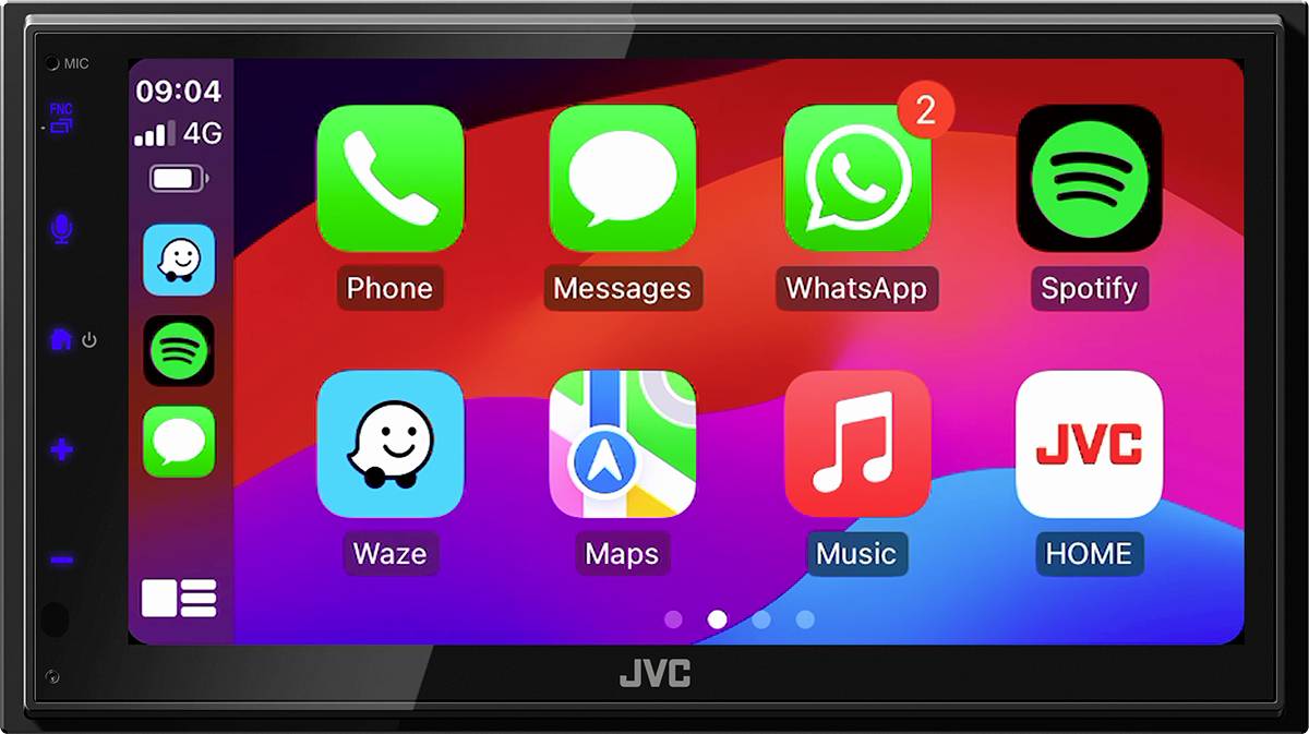 Obrazovka zobrazuje displej autorádia s aplikacemi jako Telefon, Zprávy, WhatsApp, Spotify, Waze, Mapy a Hudba.