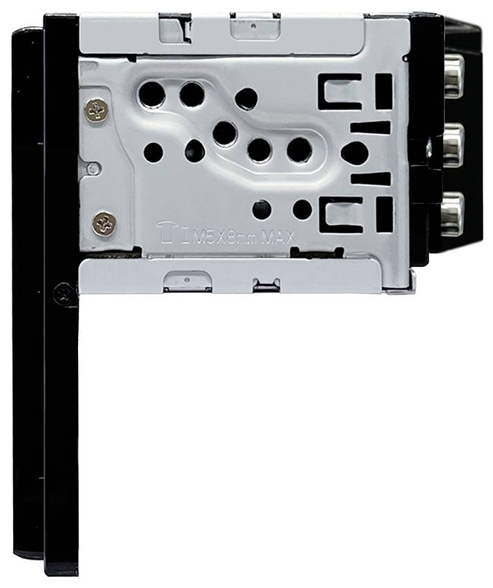 Kovový držák pro elektronická zařízení, s několika otvory a bočními přípojkami, montovatelný pomocí šroubů M5x8mm.