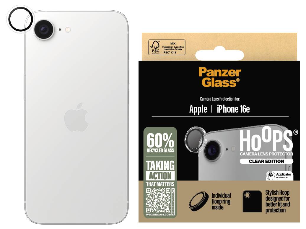 Apple iPhone s ochranným sklem PanzerGlass na čočku fotoaparátu. Balení ukazuje detaily produktu, recyklované sklo, individuální kroužek, čiré provedení.