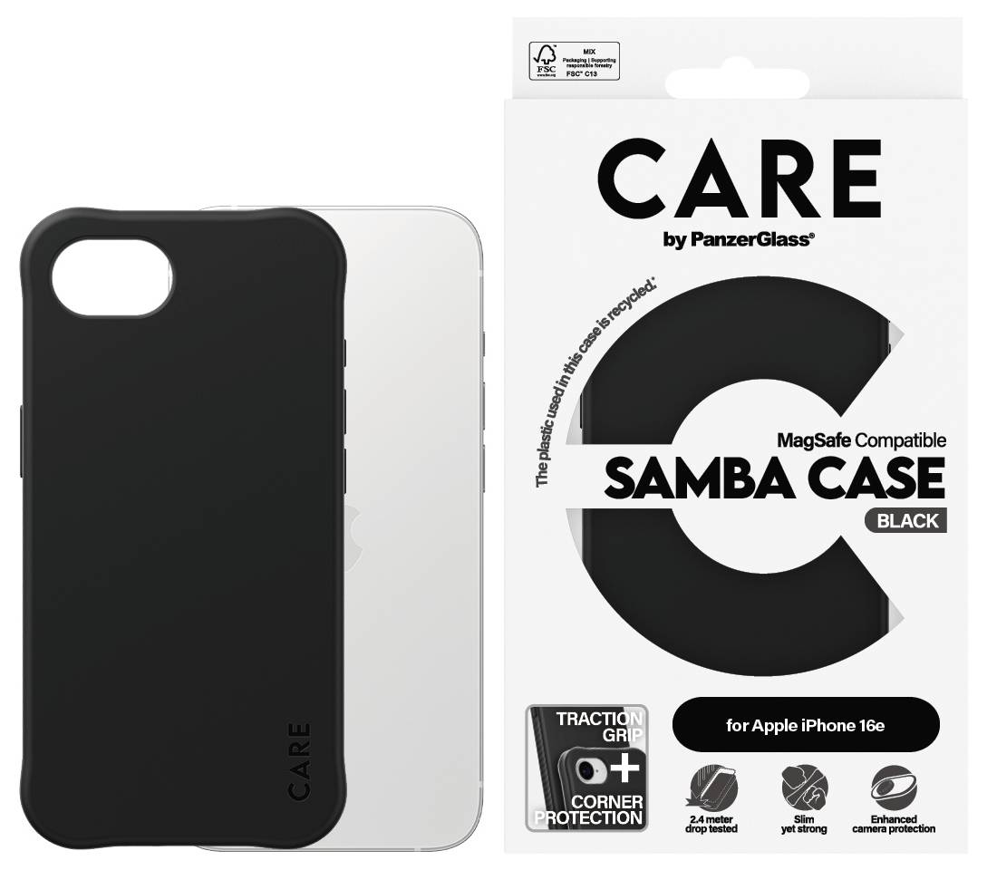 Černý ochranný kryt PanzerGlass pro iPhone 16e. Balení zobrazuje text: 'CARE Samba Case', 'Kompatibilní s MagSafe', 'Černý'.