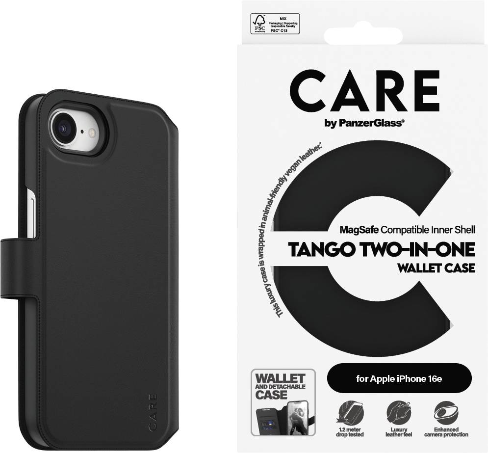 Černý obal na telefon s prostorem na karty pro iPhone 16e, kompatibilní s MagSafe. Balení zobrazuje detaily produktu a firemní logo.
