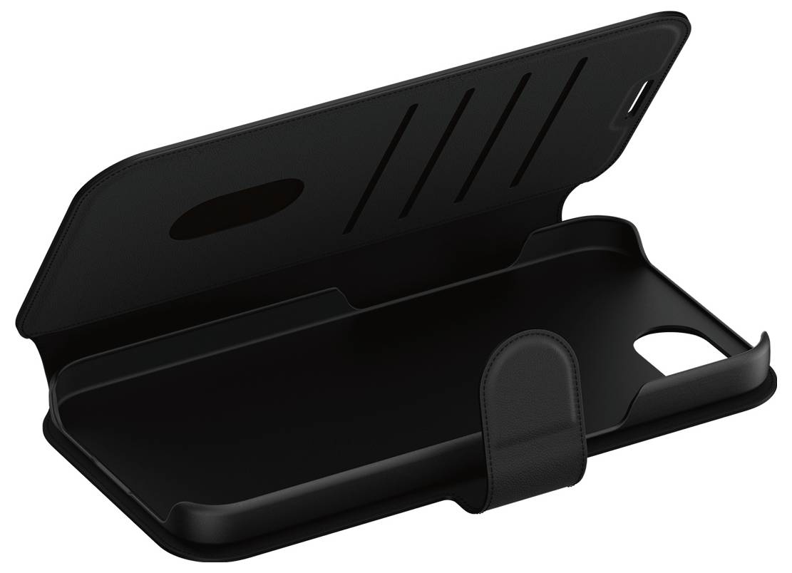 Černý kožený obal na mobil s přihrádkami na karty a magnetickým zavíráním, otevřený a prázdný, zobrazuje vnitřní prostor a uspořádání slotů.