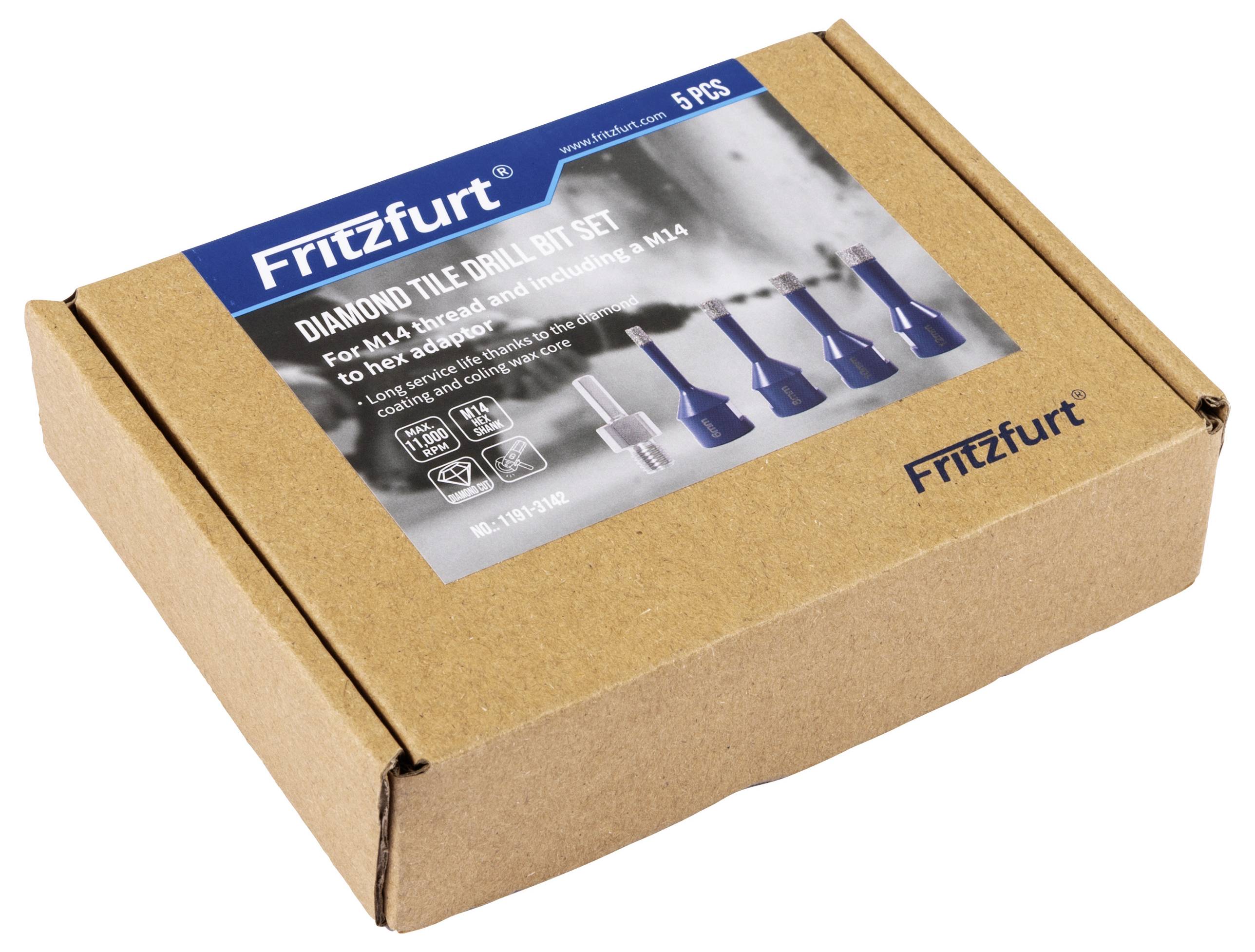 Sada vrtacích diamantových vrtáků FRITZFURT pro šestihranné upnutí, včetně velikostí M4 až M12, zobrazená na pěti modrých vrtácích na hnědém obalu.