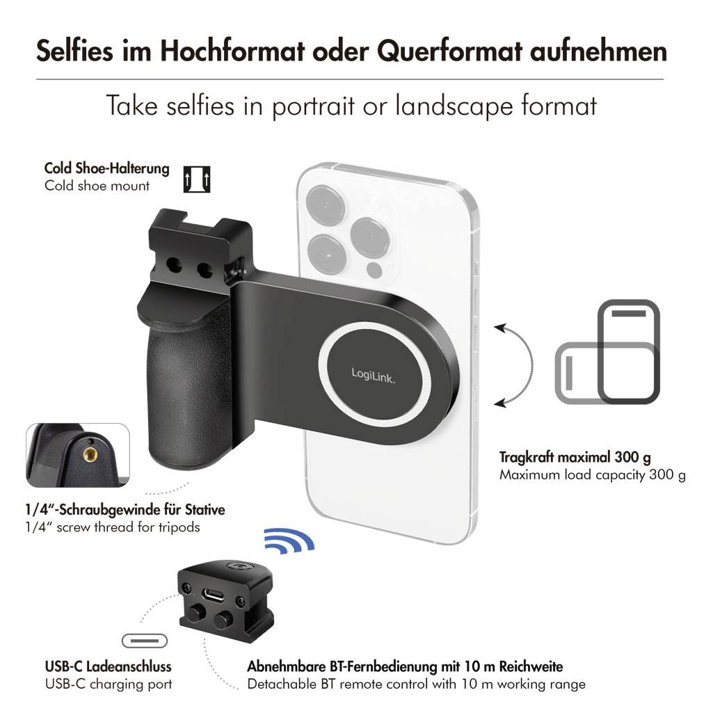 Pořízení selfie ve formátu na výšku nebo na šířku ukazuje držák na mobilní telefon. Detaily: studená botka, USB-C nabíjecí port, bluetooth dálkové ovládání. Maximální nosnost 300 g.