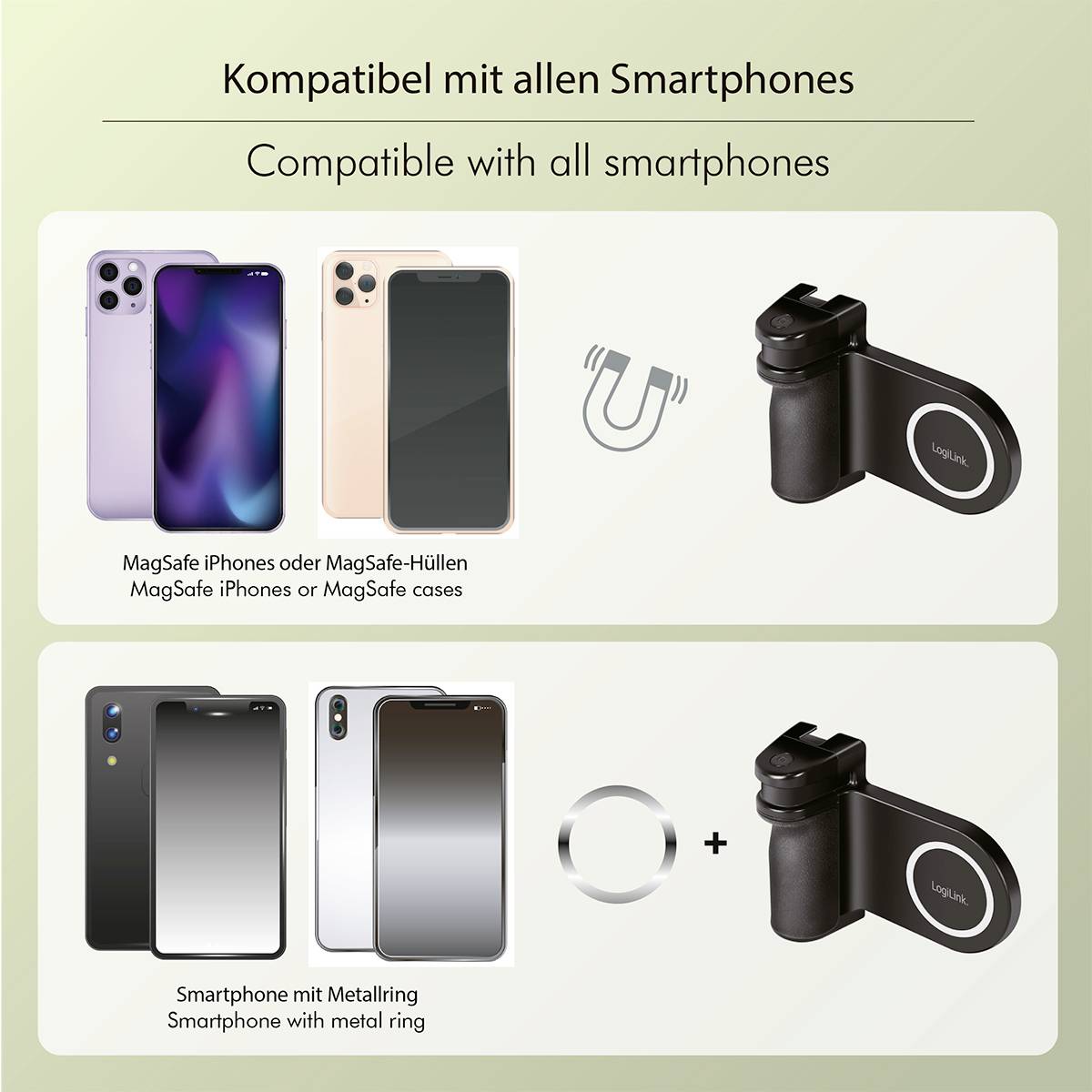 Kompatibilní se všemi smartphony. Dva způsoby upevnění: 1. MagSafe iPhones, 2. smartphony s kovovým kroužkem. Zobrazení příslušenství.