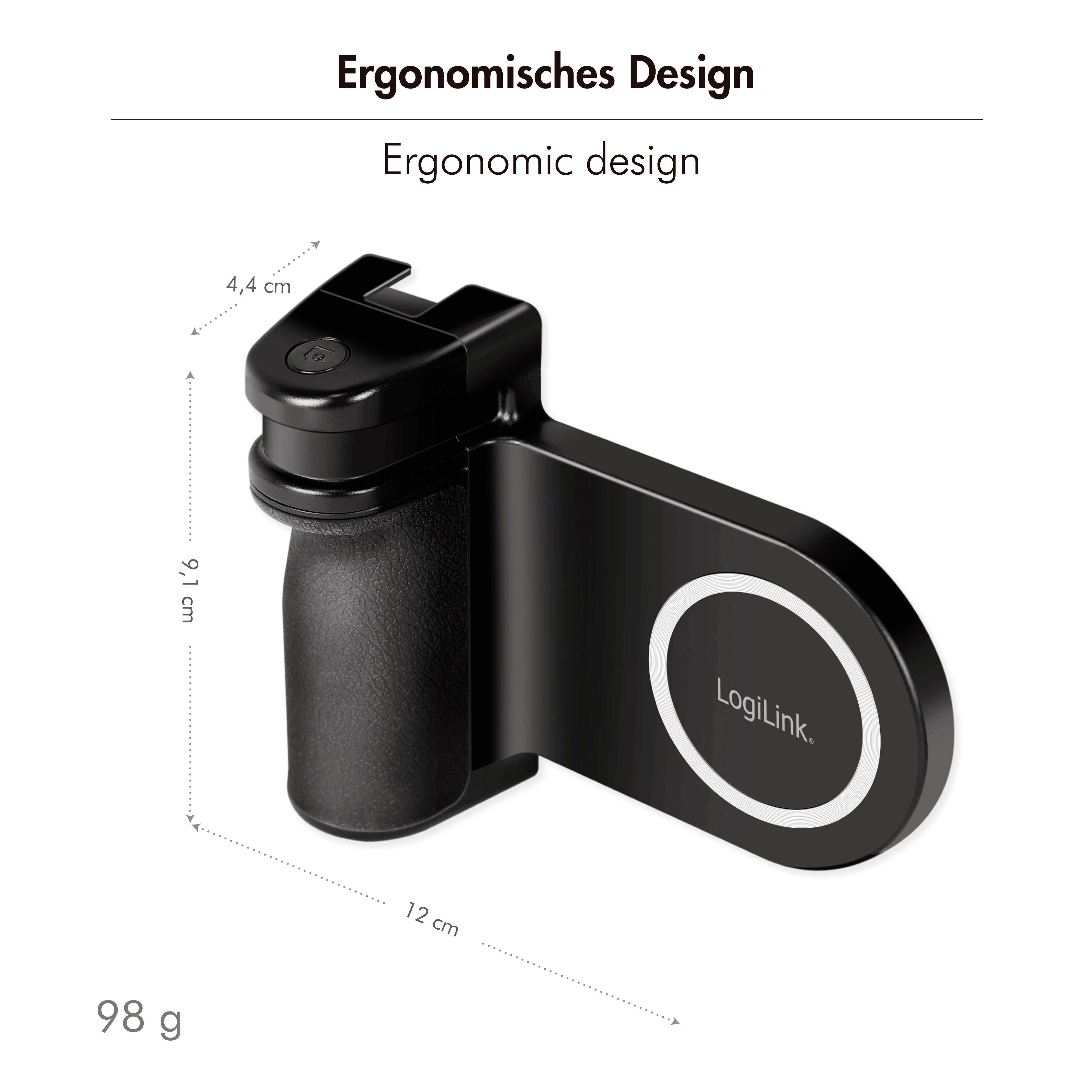 Ergonomický design LogiLink držáku smartphonu, černé barvy, váha: 98 g. Rozměry: 12 cm x 9,1 cm x 4,4 cm.