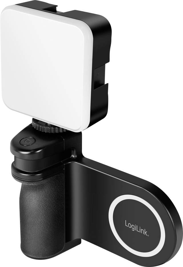 Přenosné LED světlo s rukojetí a držákem na smartphone, s logem značky 'LogiLink' na boční desce. Ideální pro mobilní fotografování a natáčení videí.
