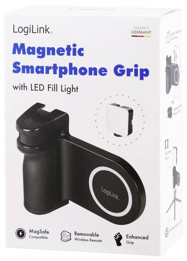 Obal zobrazuje 'LogiLink Magnetic Smartphone Grip' s LED osvětlením, kompatibilní s MagSafe a s odnímatelným dálkovým ovladačem.